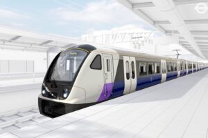 CGI of an Elizabeth line train in a station