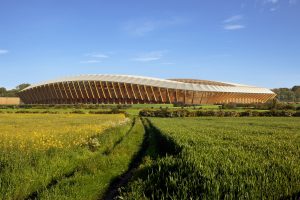 New timber sustainable stadium for Forest Green Rovers-approach view