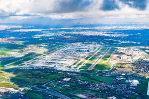 A stock photo showing an aerial perspective of Heathrow Airport's runways